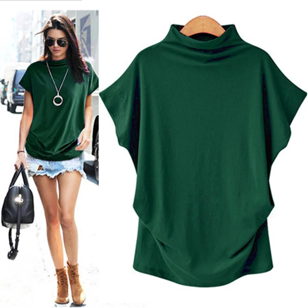 

New 2021 t shirt women Turtleneck Short Sleeve Cotton Solid Casual summer T Shirt large Size t-shirt vetement femme