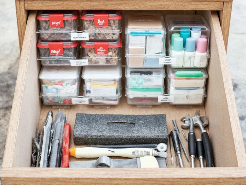 Craft cart interior with labeled storage containers and tools