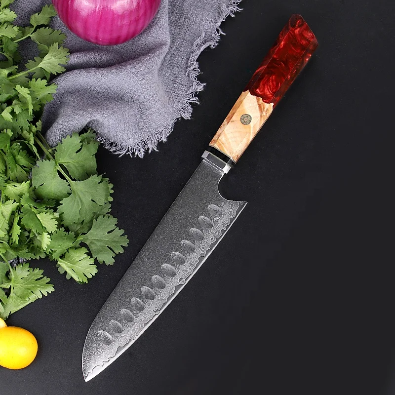 

Santoku Chef Knife Metal Professional German Stainless Steel Kitchen Cutting Foods Resin Wood 7 Inch Handle Orange