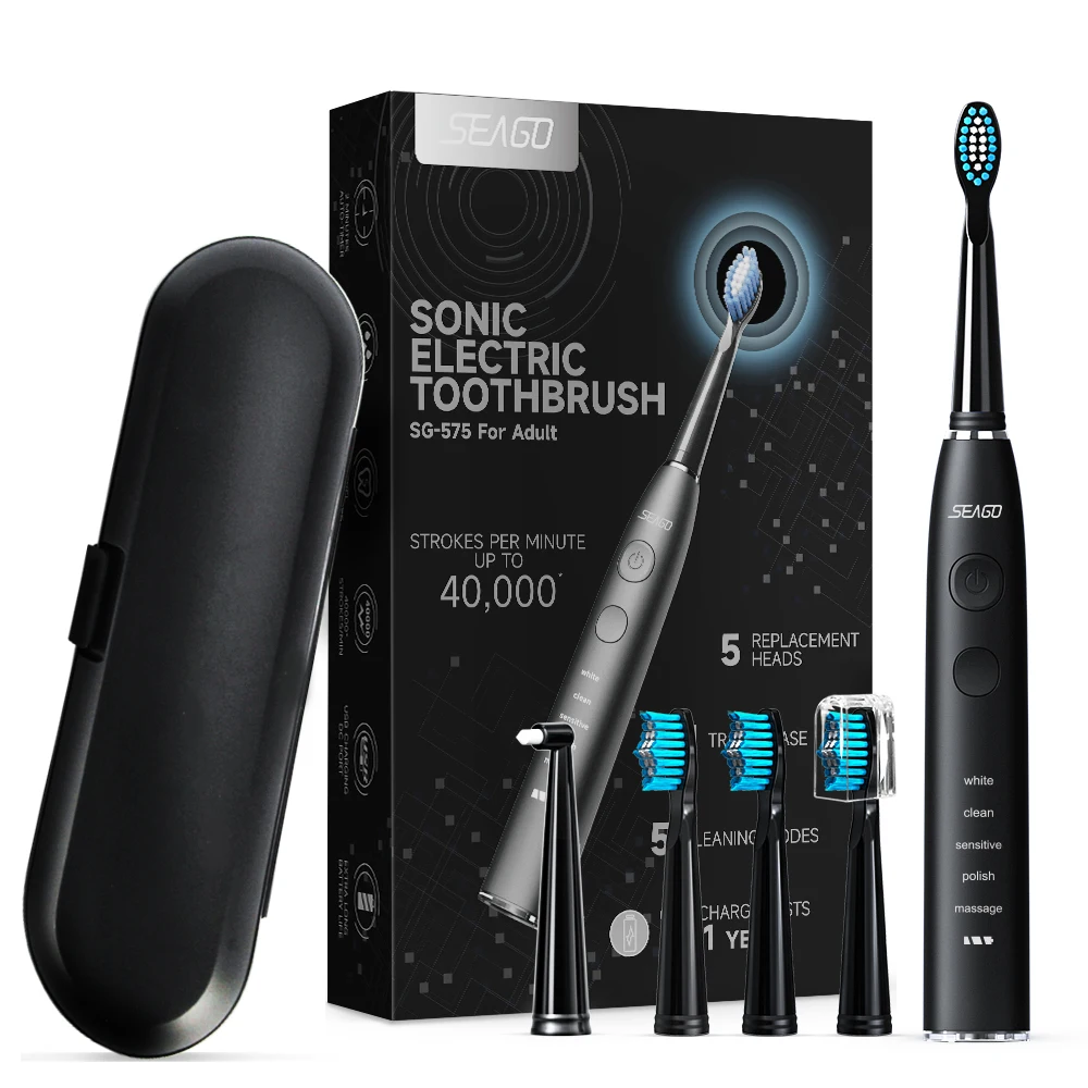 

SEAGO SG575 5 Modes One Charge last for 300days Sonic electric toothbrush 4 Brush Heads Rechargeable for Adult with Travel Case