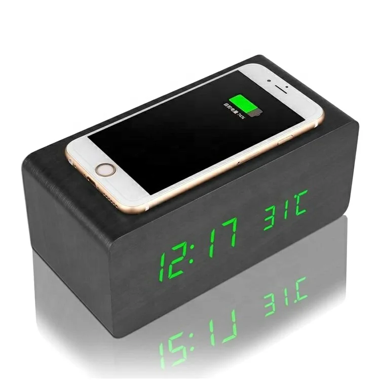 

Best gift promotional Phone 5W 10W QI wireless charging wooden LED alarm clock