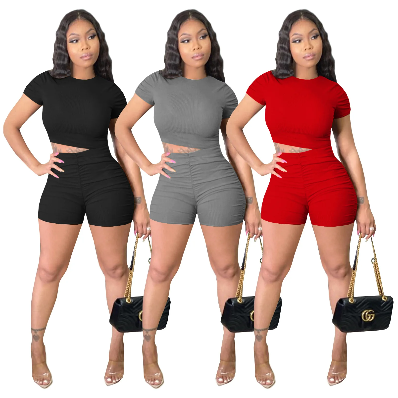 

Summer Women'S Clothing Solid Color Pit Strip Thread Shorts Pleated Suit