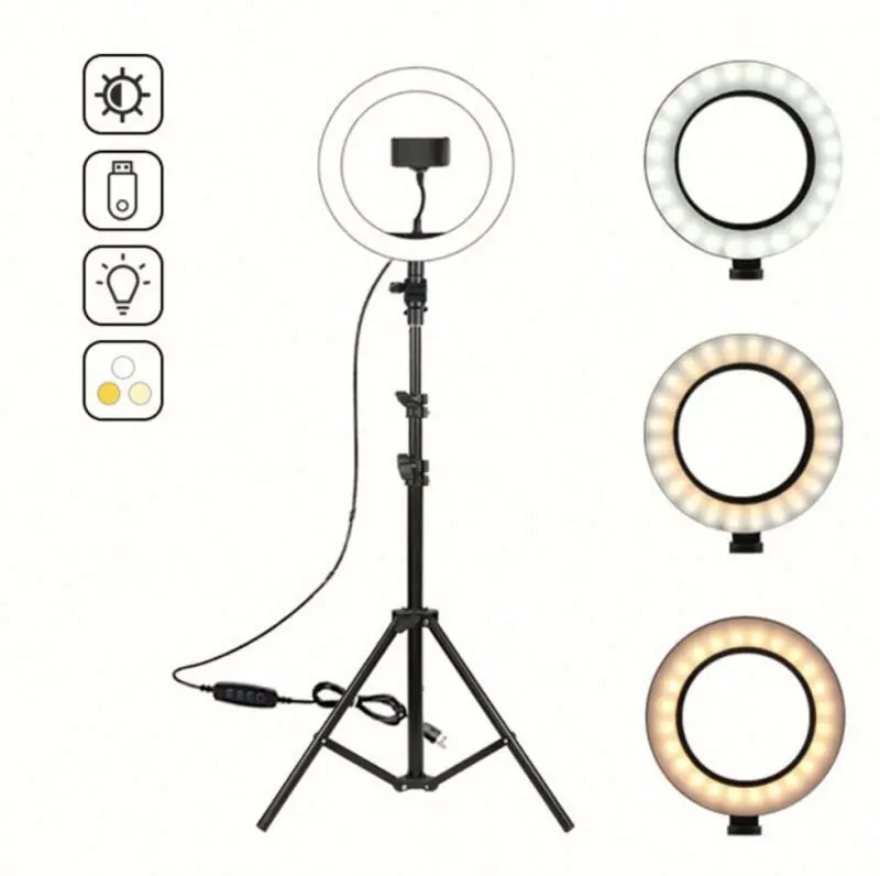 

Mobile phone live selfie outdoor stretchable landing tripod multi stand clip 10 inch ring light with tripod stand