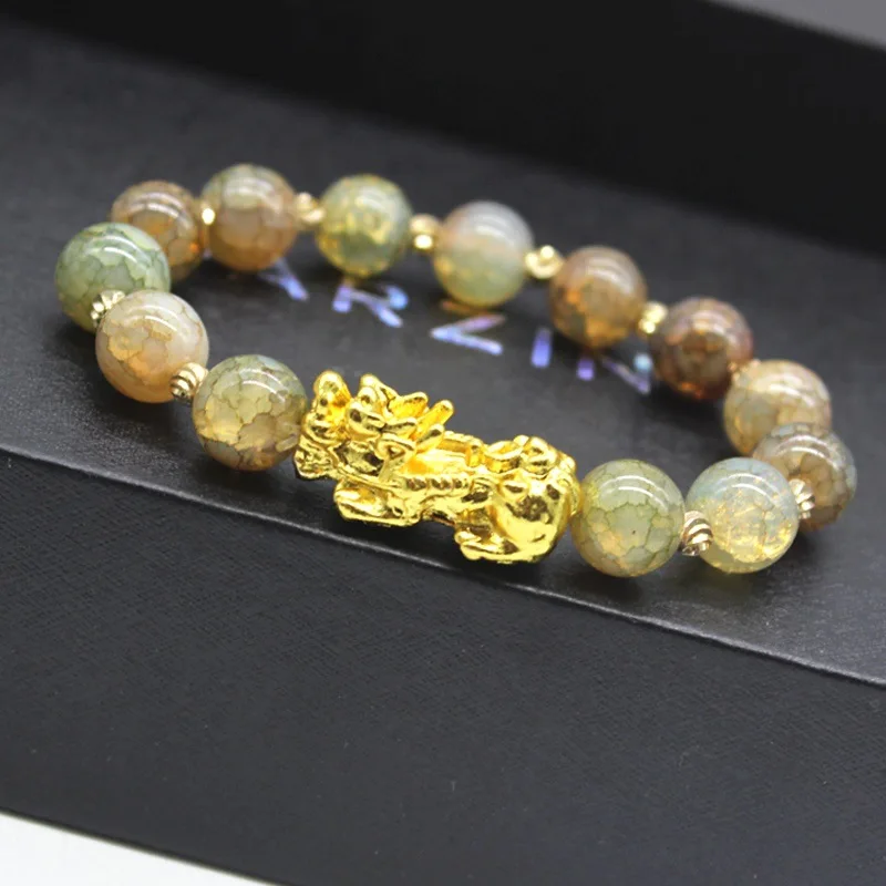 

Wholesale Fashion 10mm Imitation Agate Amule Feng Shui Bracelet Gold PiXiu Bracelet Bead for Wealth Luck BHBP009