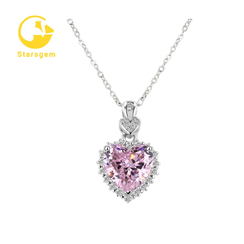 

Starsgem fine moissanite jewelry 1ct 2ct Heart pink zirconia gemstone pendant 925 silver jewelry Gemstone necklace for women