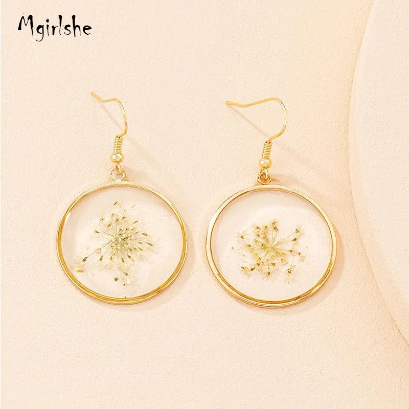 

Mgirlshe Ins Hot Pressed Flowers Transparent Resin Round Hook Earrings Korean Fashion GoldVintage Women Earring Wholesale Yellow