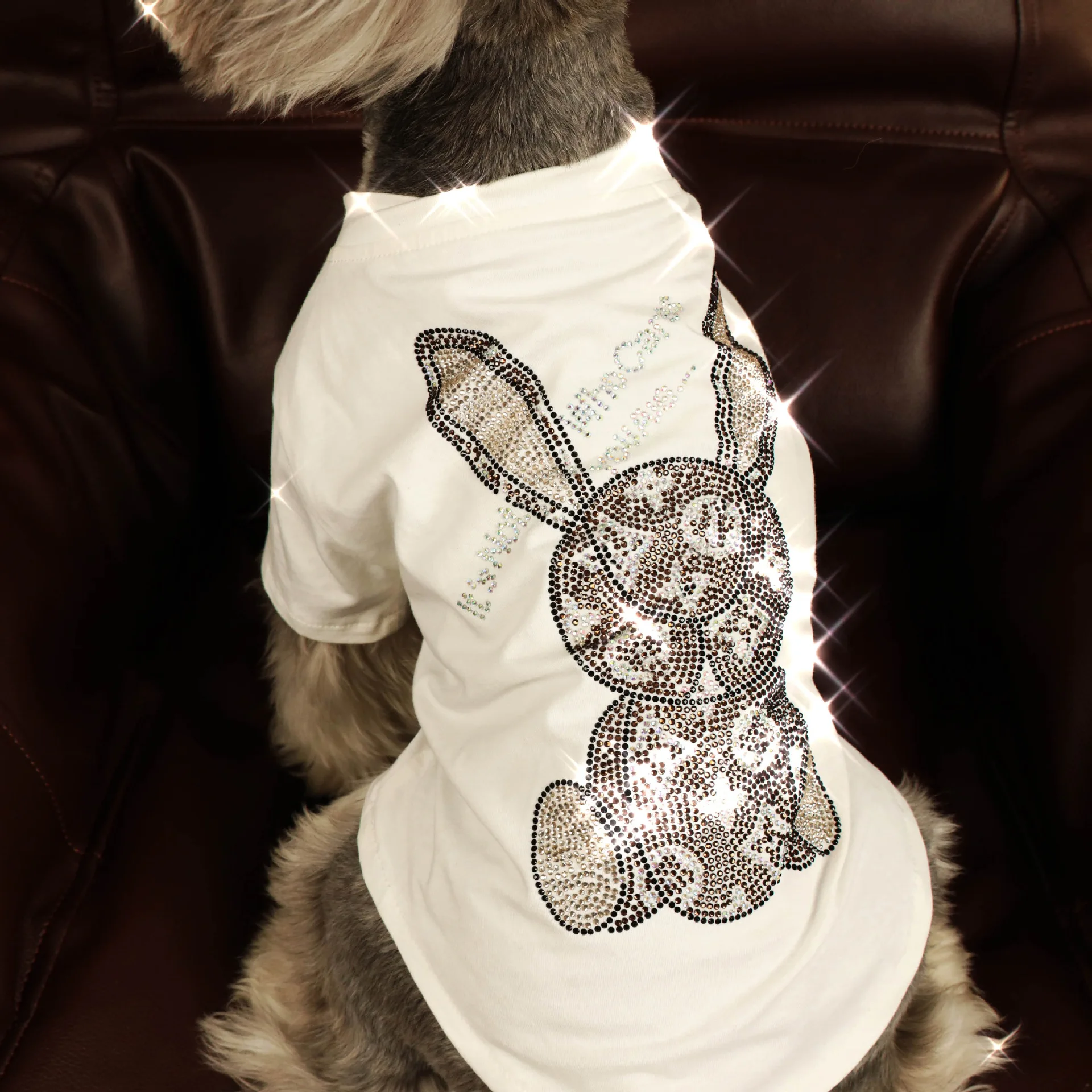 

Wholesale Summer Cotton Pet Apparel Shiny Rhinestone Bunny Shirt Luxury Cat Dog Tshirt Clothes, White/black