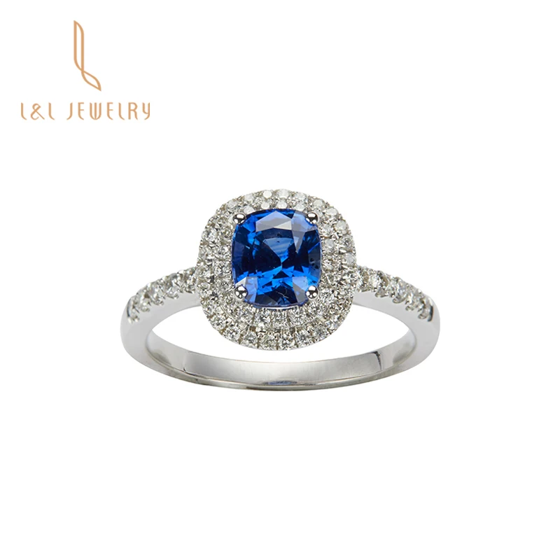 

High Quality Luxury jewelry 18K white solid Gold cushion Natural Sapphire Ring with real diamond women gift for memorial day