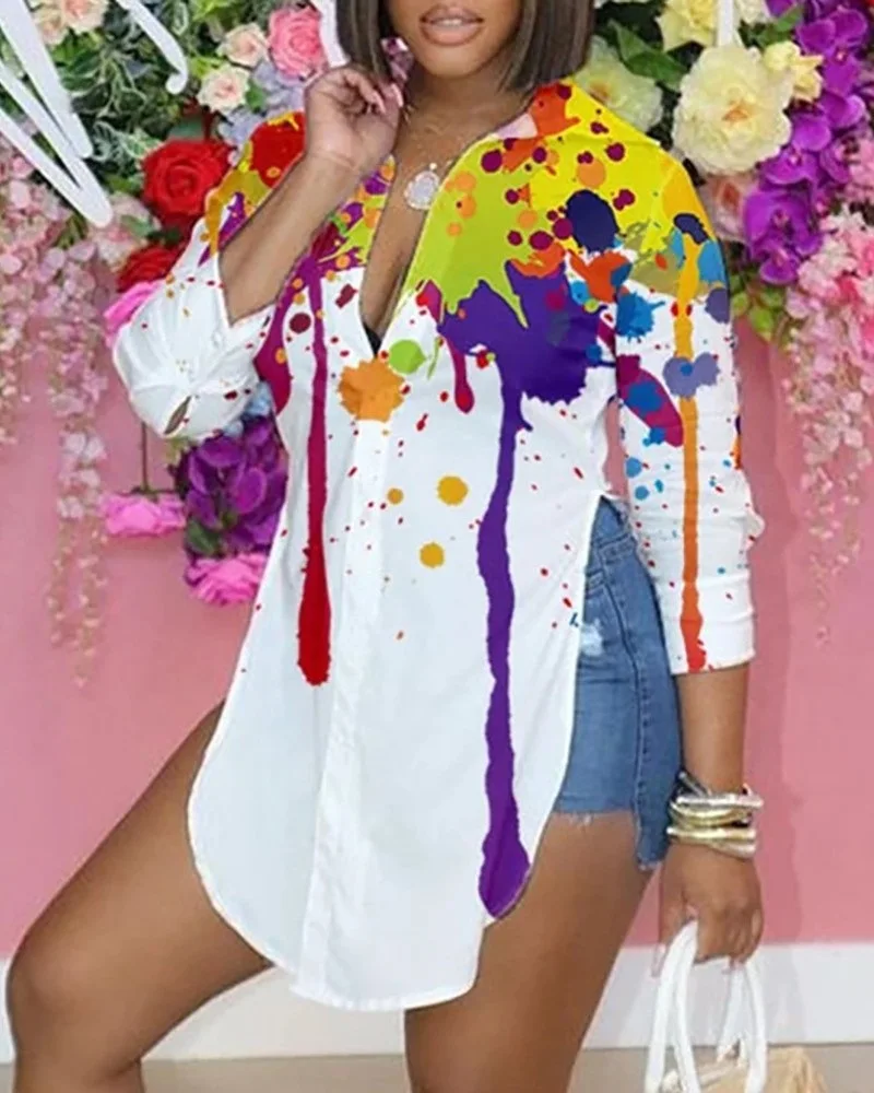 

2021 fall Women Side Spilt Casual Long Sleeves printed Shirt Dress V neck Button Down Plus Size Ladies shirt Dress