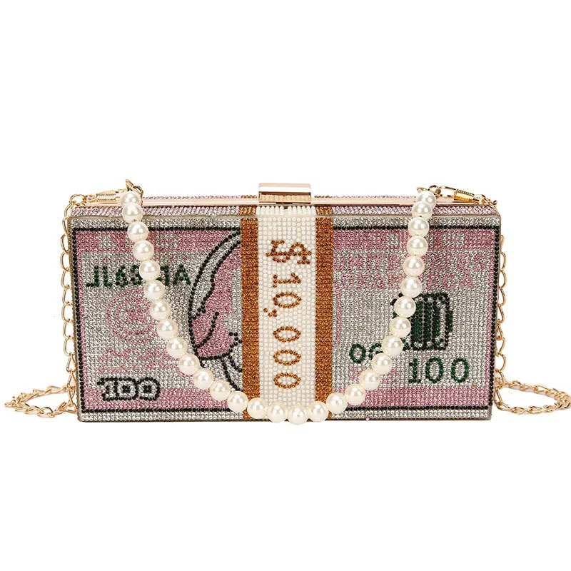 

Latest Trend Famous Brand Money bag Peal handle Chain Cross body Rhinestone handbags for women