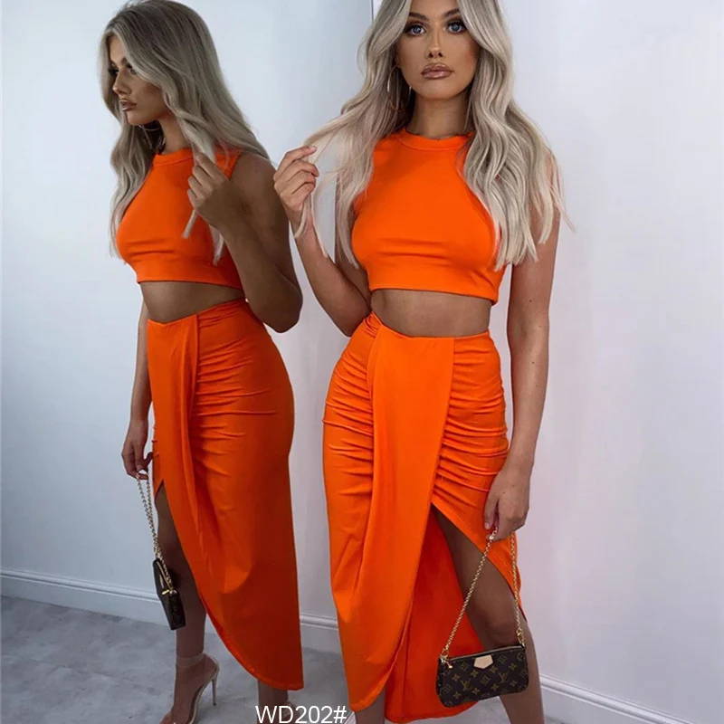 

2021 new European and American fashion women's wear solid color short vest pleated split skirt two-piece suit, White/orange/purple/gray/khaki/mint green/black