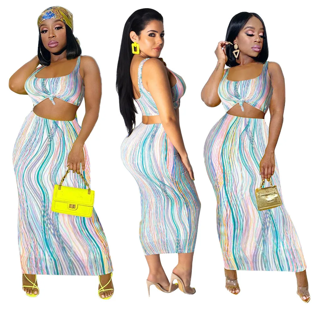 

JOFZ-1088 Sexy Backless Top and Rainbow Vertical Striped Bodycon Dress 2 pieces set women dress clothing, Purple,red,blue,green