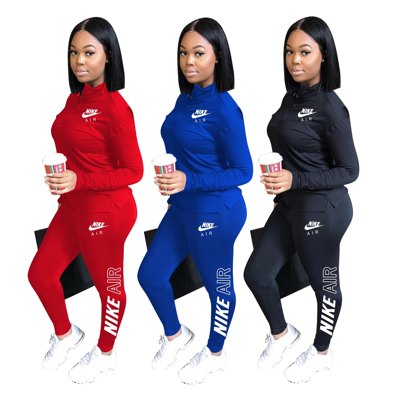

Wholesale Popular High Quality Nike Embroidery 2 Piece Set Outfit Women Long Sleeve Zipper Top Matching Sport Leggings Tracksuit