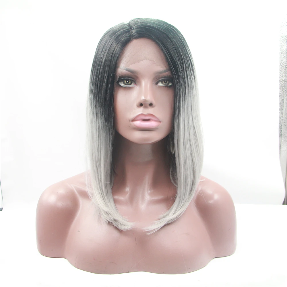 

Heat Resistant Ombre Gray Short Hair Bob Wigs Cosplay Synthetic Lace Front Wig Side Part