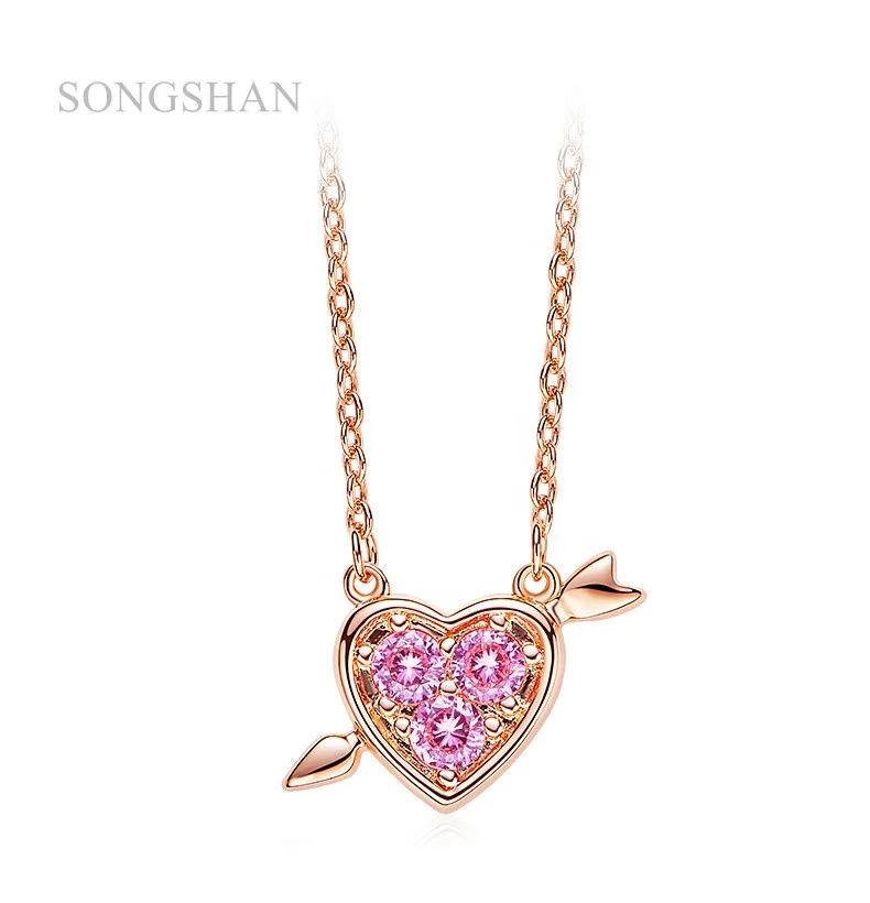 

2021 18k gold vermeil fashion jewelry arrow diamond heart pendant necklace pink zircon setting pendant romantic gift for girl