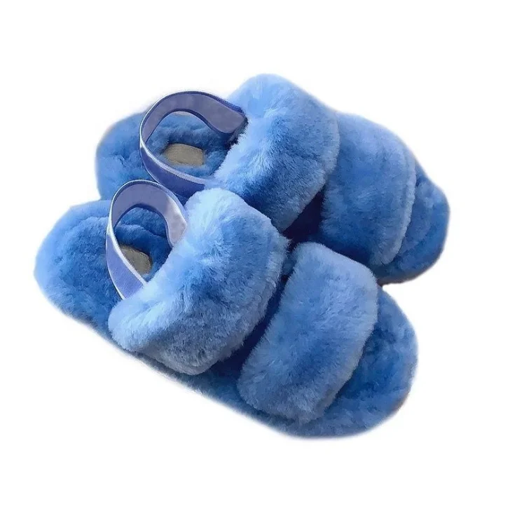 

Winter fluffy house female warm open toe femindoor fur slide for women