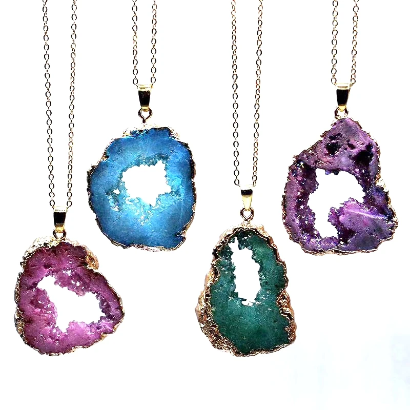 

Natural Colors Stone Geode Druzy Agate Slices Pendants Necklace With Gold Chain For Woman Jewelry, Pink blue green golden etc