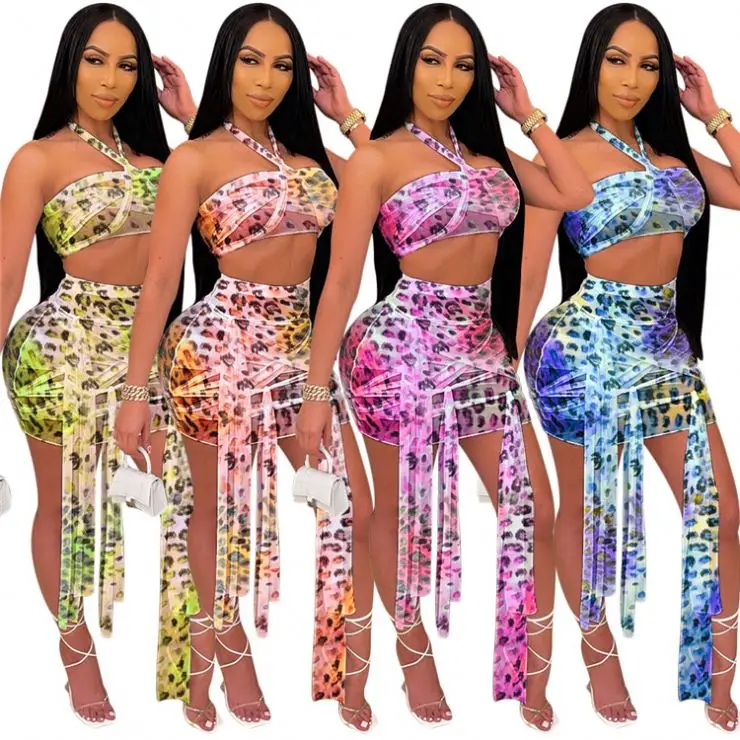

Fashion 2021 Halter Two Piece Set Women Clothing Summer Leopard Print Tulle Two Piece Skirt Set