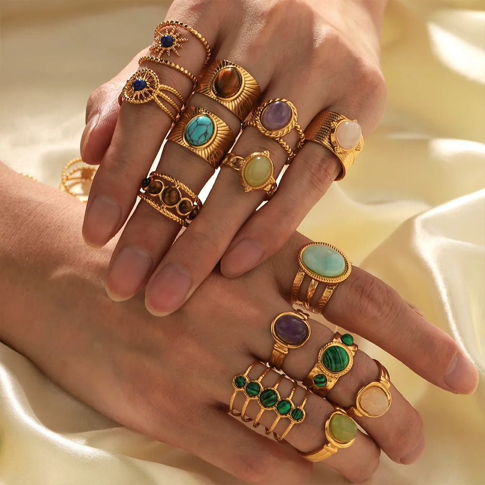 

Vintage Stainless Steel Natural Stone Ring Geometric Adjustable Stainless Steel 18k Gold Plated Gem Stone Rings