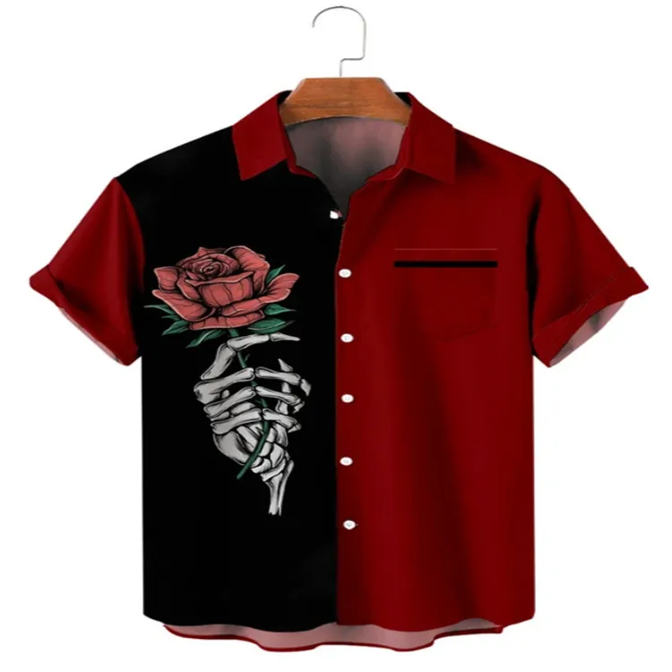 

New design Skeleton rose printed shirts men 2022 short sleeve Quality fashion blouse sleeve Tops plus size male summer clothing