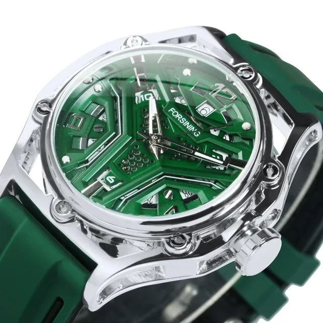 Forsining 8283 Sport Mechanical Watches Fashion Calendar Hollow Out Green Dial Automatic Mens Watch Luminous Hand Silicone Strap