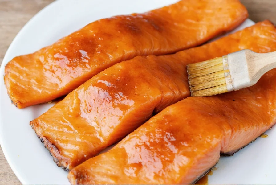 Homemade ginger teriyaki sauce being brushed onto salmon fillets with fresh ginger root and soy sauce ingredients visible