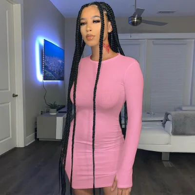 

2021 Wholesale Streetwear Bodycon Party Wear Long SleeveCustom Logo Women Casual O Neck Mini Dresses