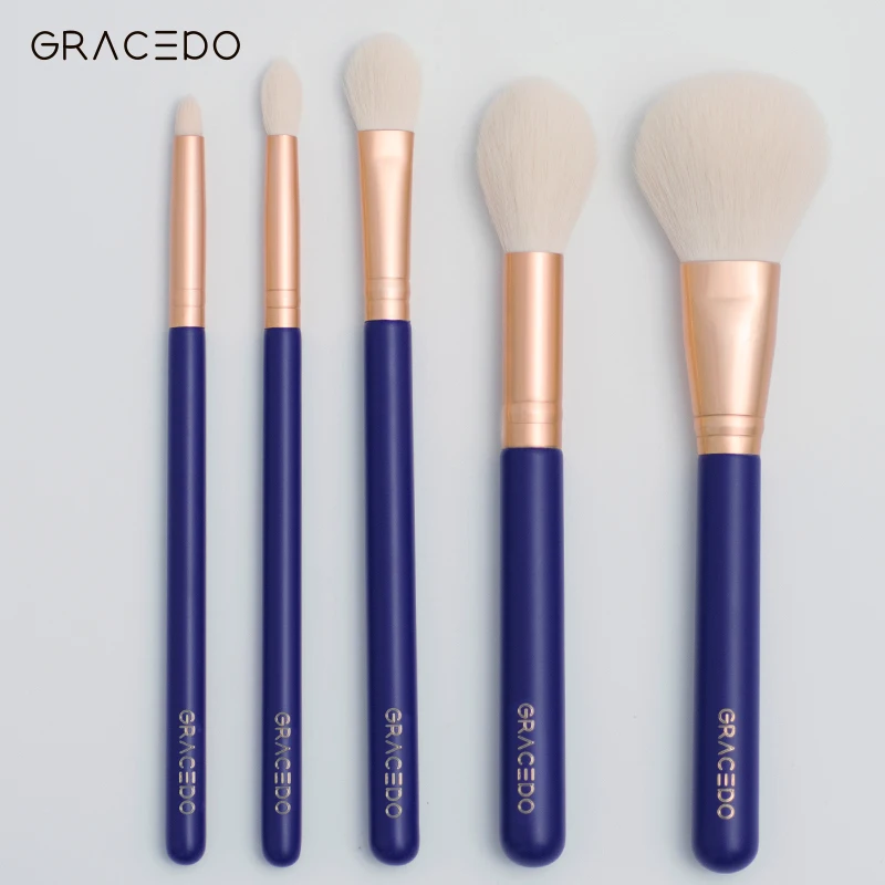 

Wholesaler High Quality Goat hair Aluminum Ferrule Wooden Handle 5pcs Makeup Brush Set, The makeup brush set color can be customized