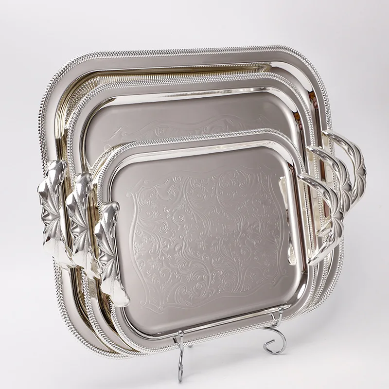 
European Style Custom Logo Galvanized Silver Stainless Steel Metal Fruit Serving Tray With Alloy Handles 