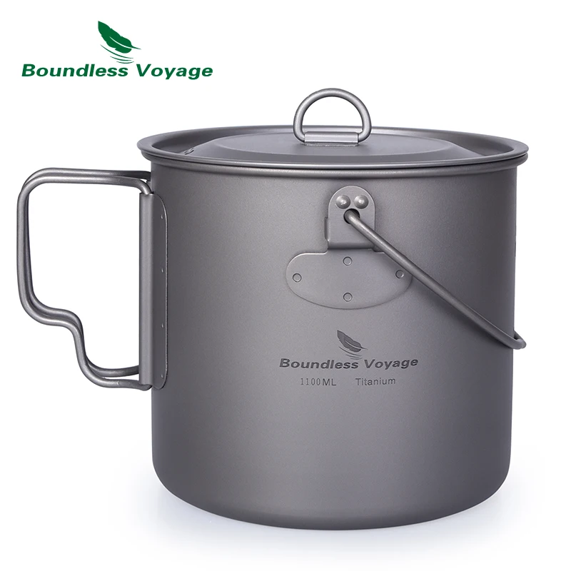 

Boundless Voyage 1100ml Titanium Pot Titanium Water Mug Cup with Lid and Foldable Handle Outdoor Camping Pot Cooking Pots, Silver