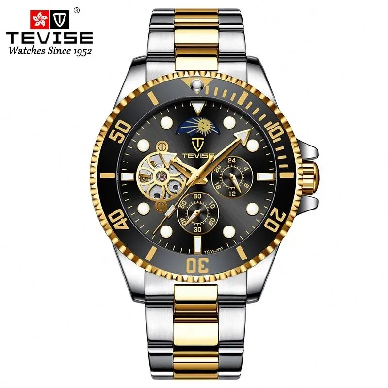 

TEVISE T801-002 luxury gold gents mechanism watch taobao Stainless steel band Luminous Chronograph moon phase business watch