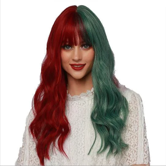 

RTS High quality Long Natural Wave Half Crimson Half Green synthetic hair Wig