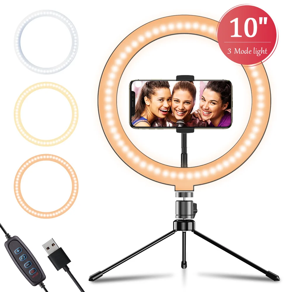 

Superior Quality dimmable USB Portable Fill Led Circle Selfie Ring Light With table tripod mobile holder for tiktok, Black