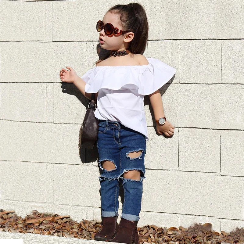 

Summer suit 2pcs white top + jeans fashion children outfits baby girls' clothes sets girls' clothing sets, As picture show