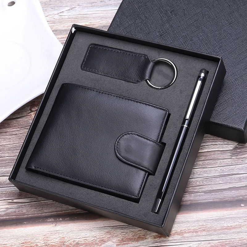 

2019 retro leather wallet gift set leather mens wallet RFID, Black