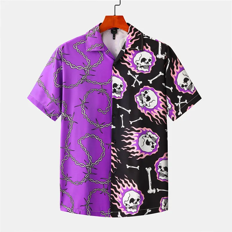 

Skull Printed Shirts, Short Sleeve Patchwork Beach Hawaiian Casual Shirts, Streetwear Fashion Shirts