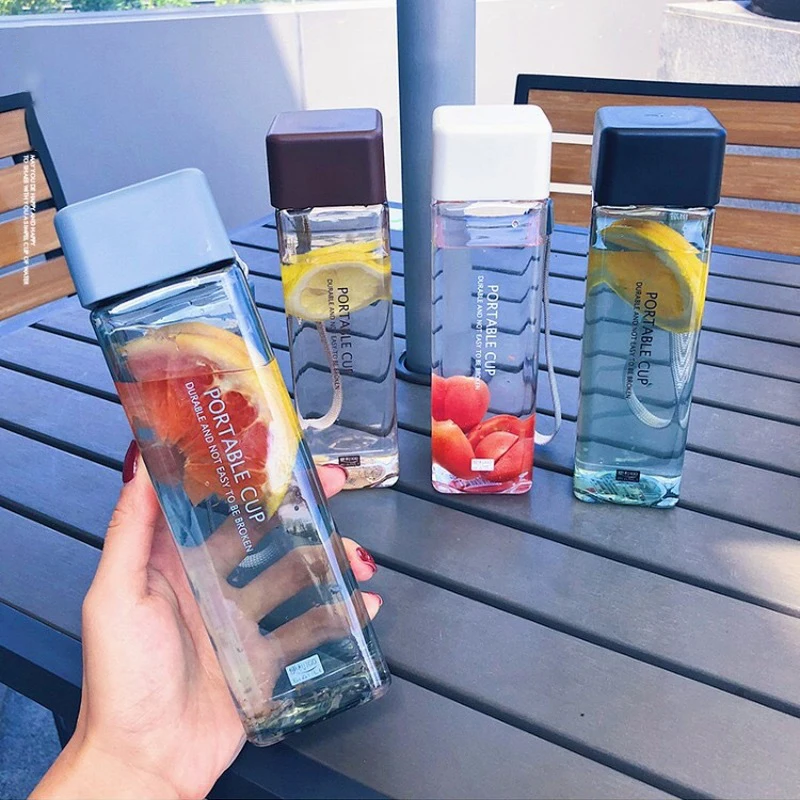 

Cute Square Tea Milk Fruit Water Cup Water Bottles Drink with Rope Transparent Sport Heat Resistant, As picture