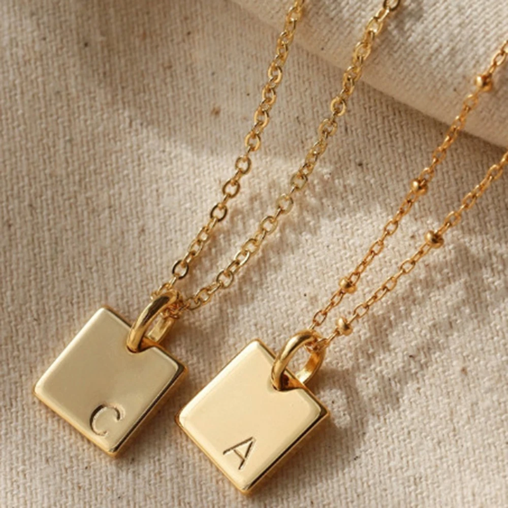 

Refined Thin Chain Stainless Steel PVD Plating Gold Non Tarnish Square Pendant Letter Necklace Jewelry For Women