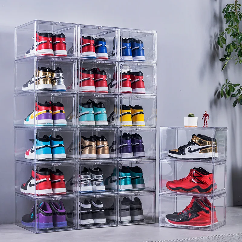 

Shoe Box Plastic Sneaker Stackable Storage Transparent Boxes Drop Front Custom Acrylic Drawer Type Clear Shoe Box, White orange yellow