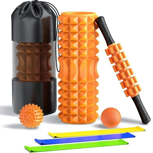7in1 Wholesale Customize Design Eva Foam Roller,Massage Stick,Hand Massager Roller Ball And Resistance Loop Bands Set, Customized color