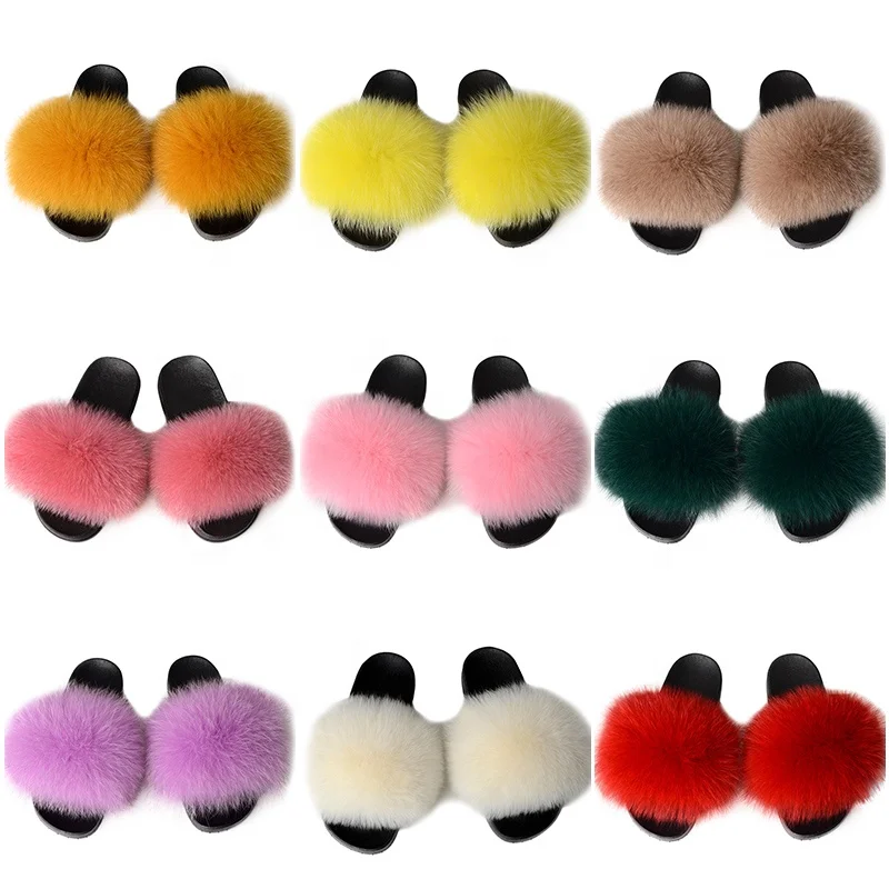 
Popular Fashion Open Toe Comfortable Real Raccoon Big Fur Slides Slippers for Women and Kids 