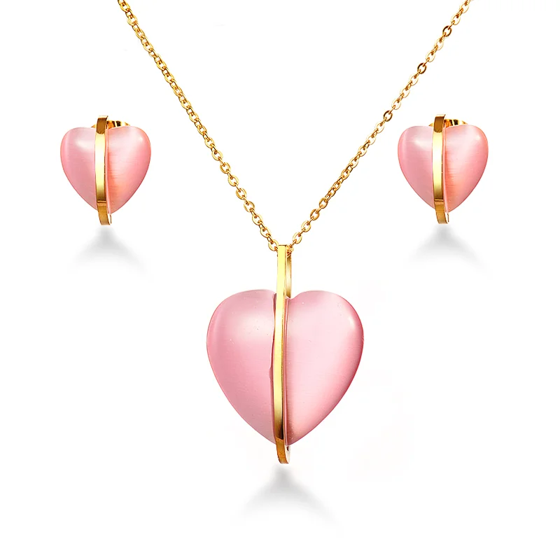 

BAOYAN Fashion Stainless Steel Pink Cat Eye Stone Heart Bridal Jewelry Sets