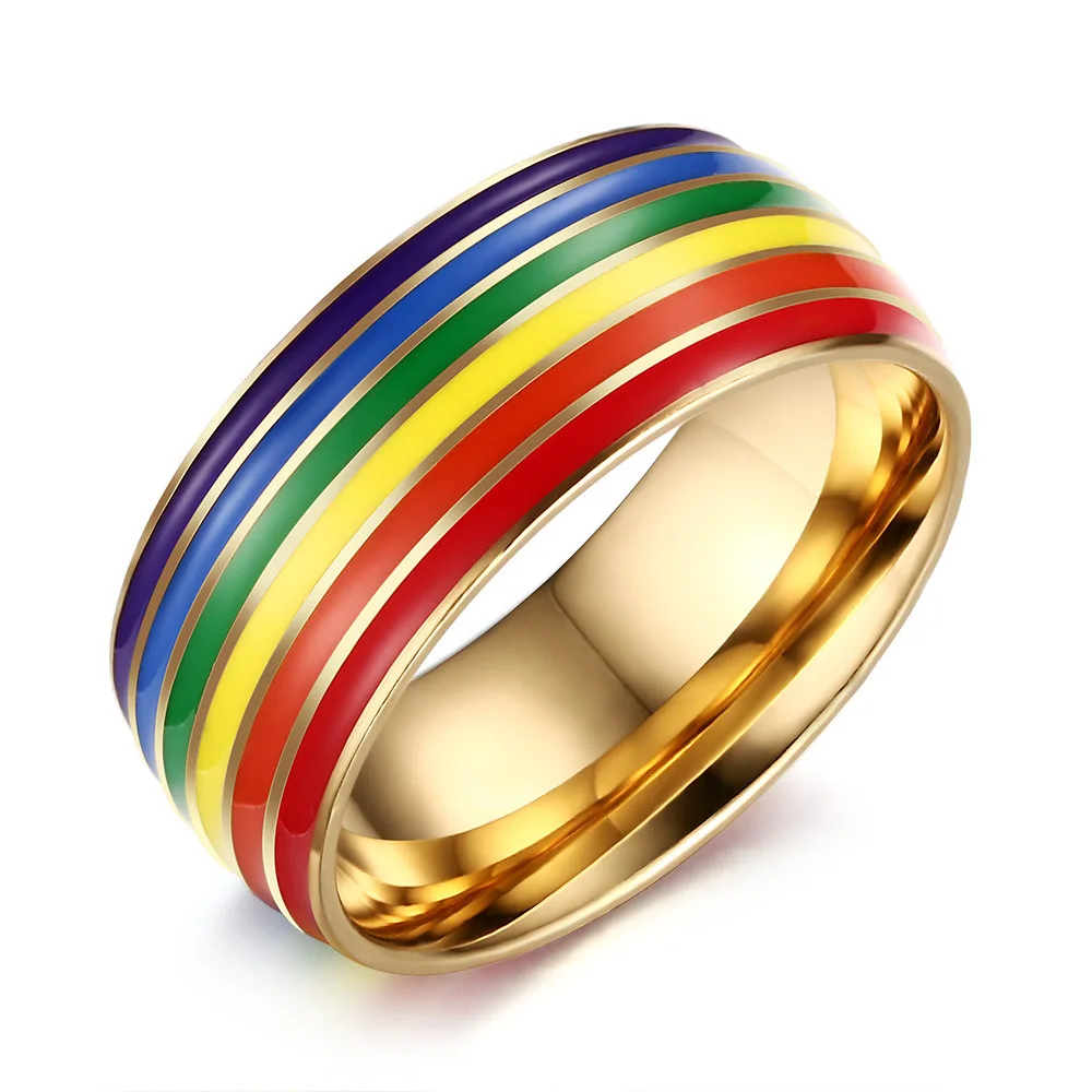 

8mm Stainless Steel Pride Wedding Rings for Women and Men Colorful Rainbow Number Pattern Jewelry for Anniversary and Parties