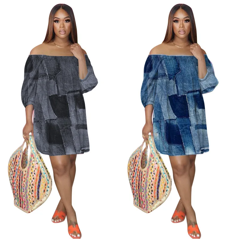 

DUODUOCOLOR Imitate denim off the shoulder long sleeve midi skirt loose women printed casual stylish sexy dress D10725