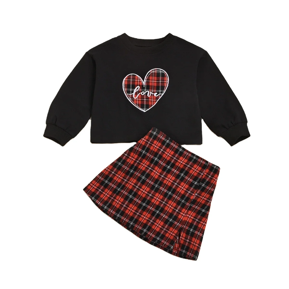 

Kids Baby Girls Sets Spring Clothes Love Heart Plaid Print Sweatshirt+plaids A-line Skirts Children Valentine's Day Suits 2-7y