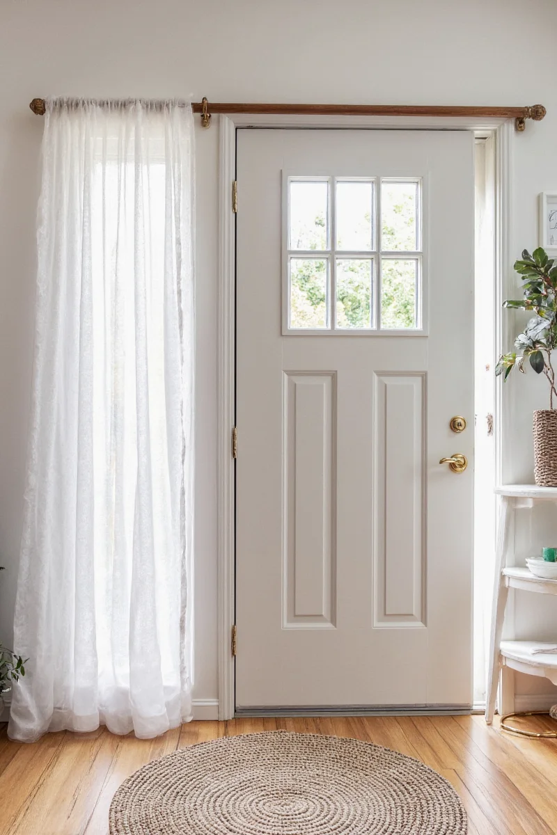 Rope curtain rod with navy blue curtains on front door