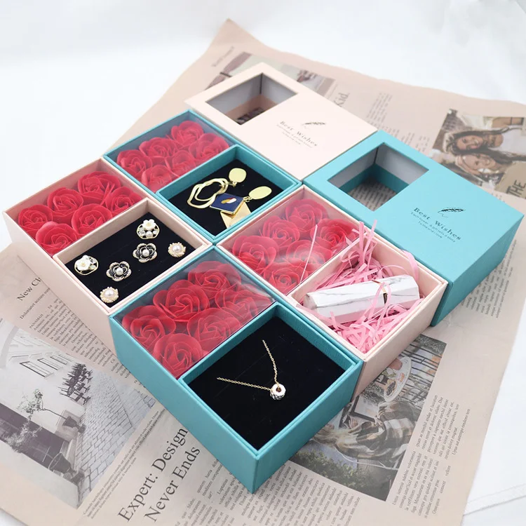 

2021 Rose Valentines Day Boxes Wholesale Jewelry Storage Box With Window Luxury Artificial Flower Valentines Gift Boxes