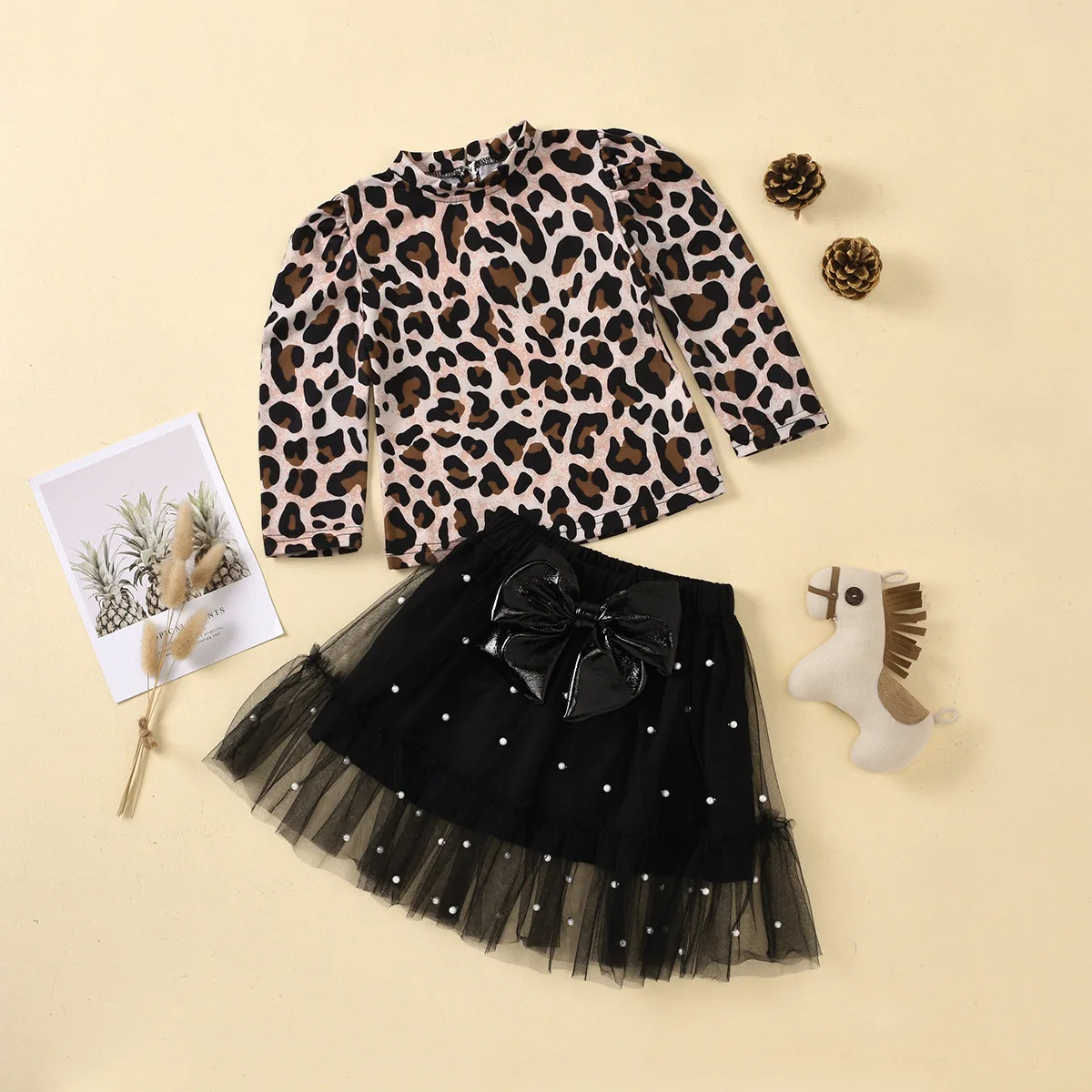 

Europe And America Style Girl Kid Clothes Leopard Print Long Sleeve Top Bowknot Lace Short Skirt Two Piece Outfits