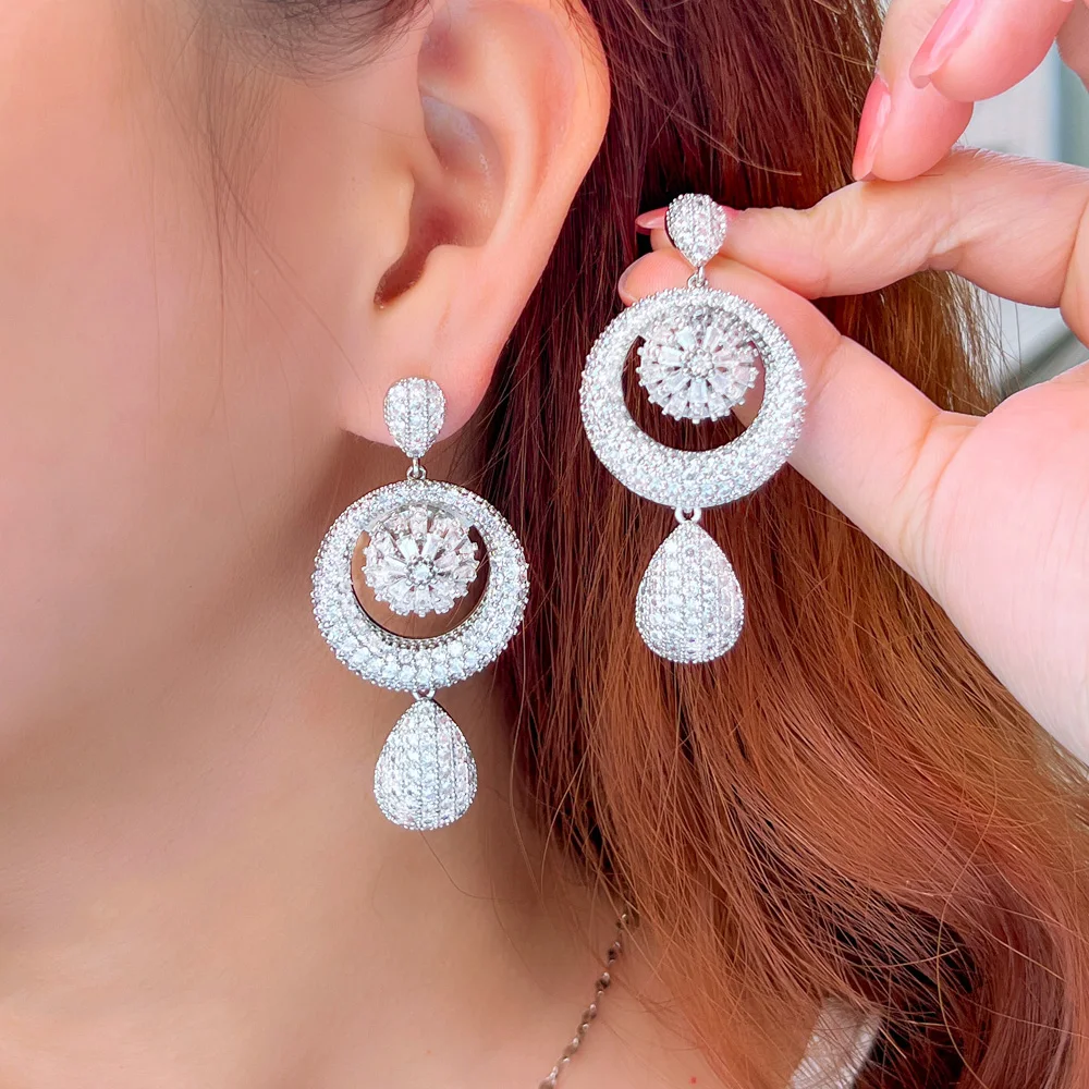 2023 New Dangle Water Droplets Silver Platinum Cubic Zircon Oversized Large Long Wedding Earrings for Brides African CZ Jewelry