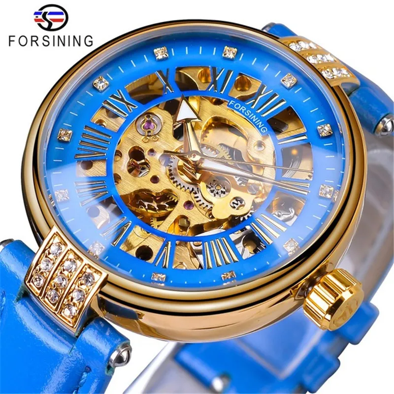 

Forsining Women New Top Brand Luxury Automatic Self-winding Watch Fashion Skeleton Mechanical Genuine Leather Belt Wristwatches, 6-color